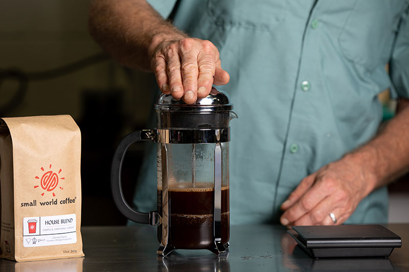 Press or plunge your press top gently until you’ve pressed to the bottom of the vessel.